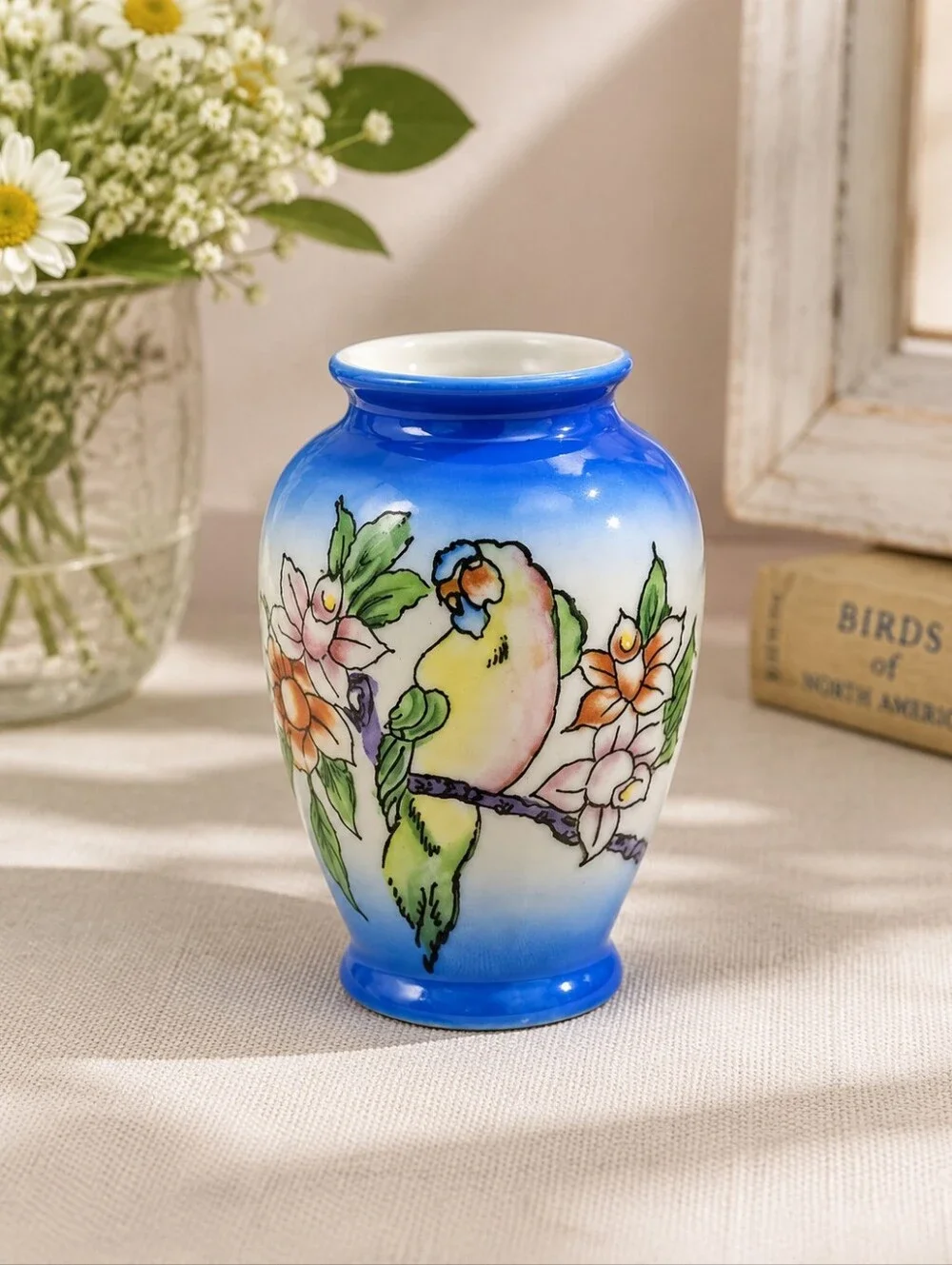 Vintage Occupied Japan‎ Blue Vase Parrot Bird Floral Hand Painted Bud Vase